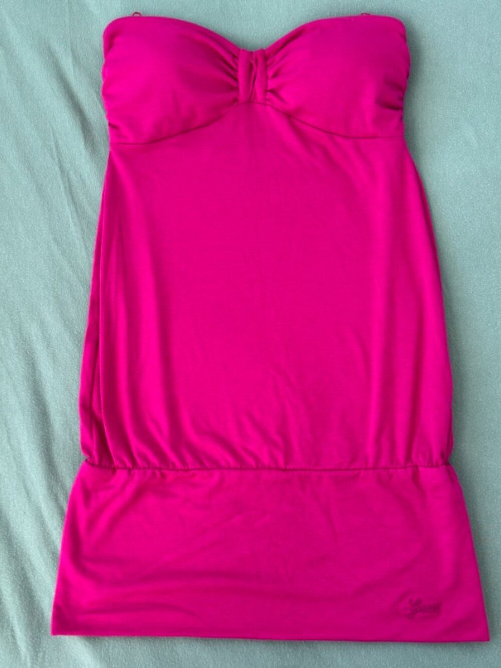 Vintage GUESS Jeans Y2K Hot Pink Strapless Sweetheart Bubble Hem Mini Dress M